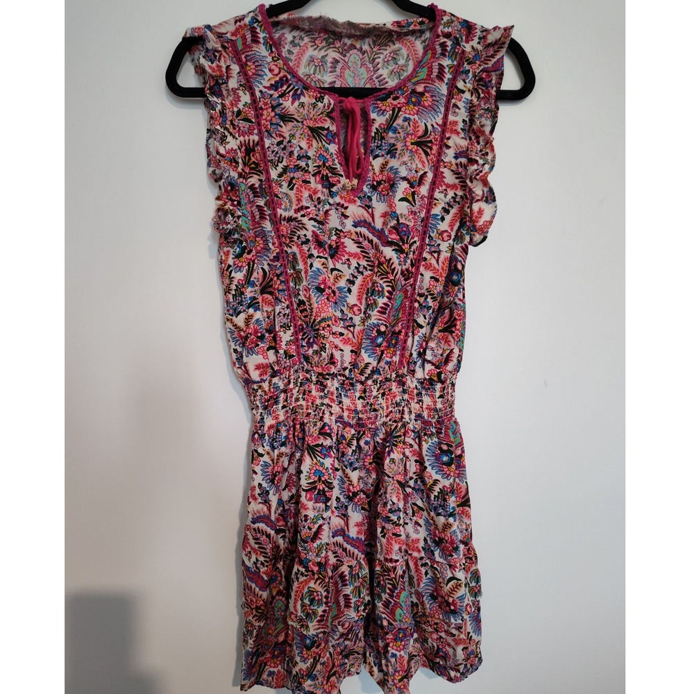 Natural Life Pink Paisley Floral Romper XS Smocked Waist Crochet Lace Trim